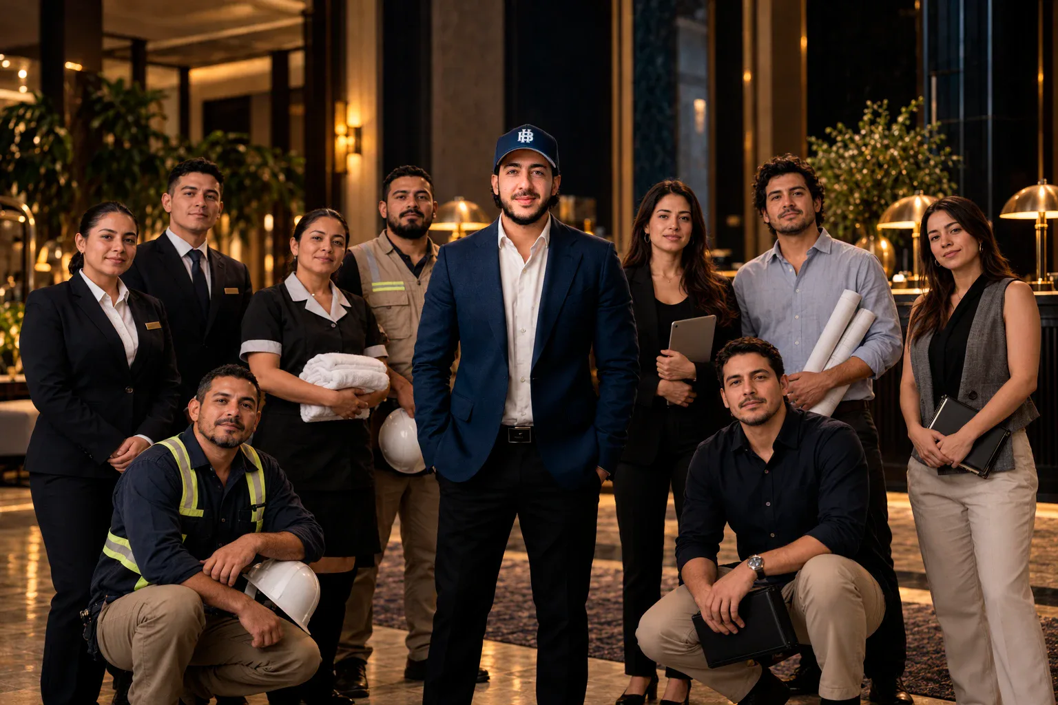 Alejandro González Uribe with operations, design and construction people in a hotel lobby