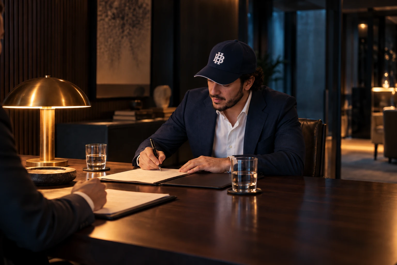 Alejandro González Uribe signing an investment document across from an investor