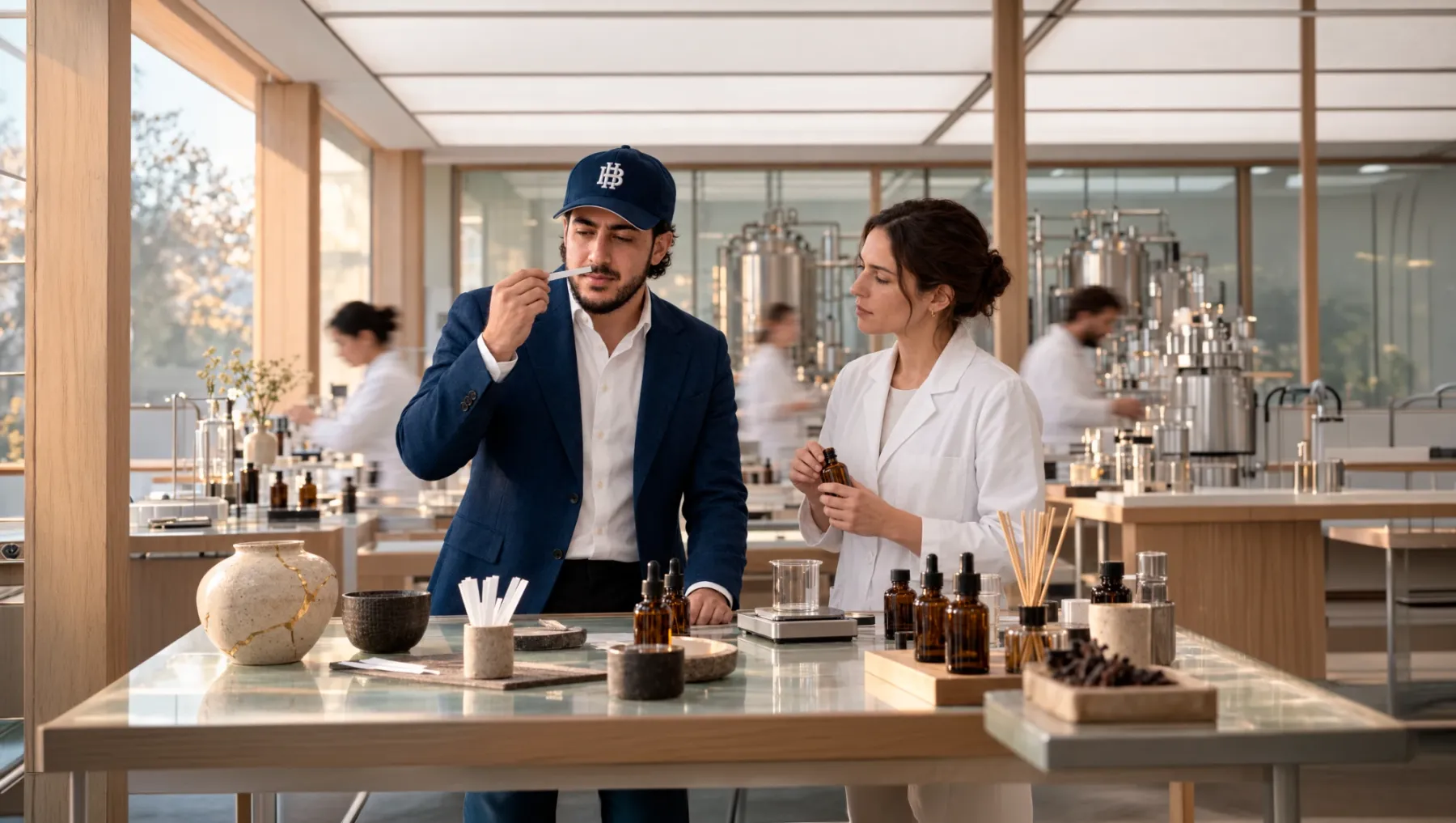 Alejandro González Uribe evaluating a fragrance with the perfumer in the Materia Prima lab