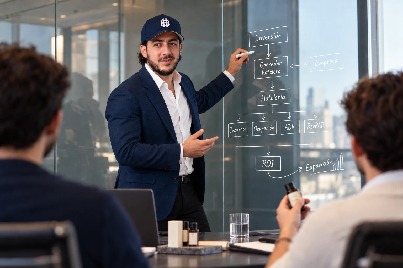 Alejandro González Uribe explaining on a glass wall to two founders, with amenities on the table