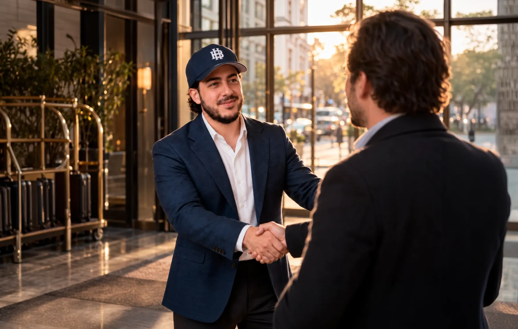 Alejandro González Uribe shaking hands with a visitor at the entrance of a hotel