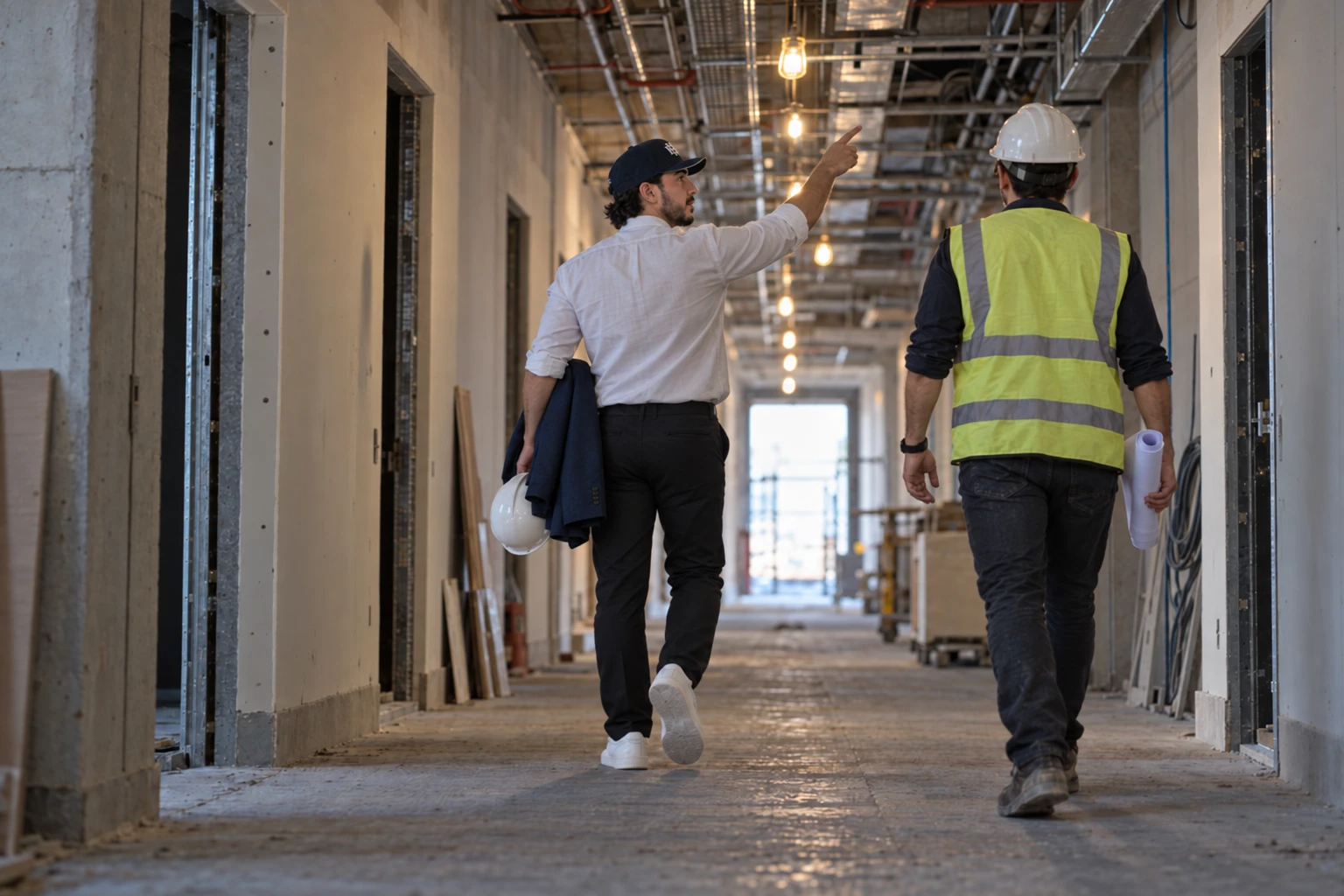 Alejandro González Uribe walking through a hotel construction site with the site manager